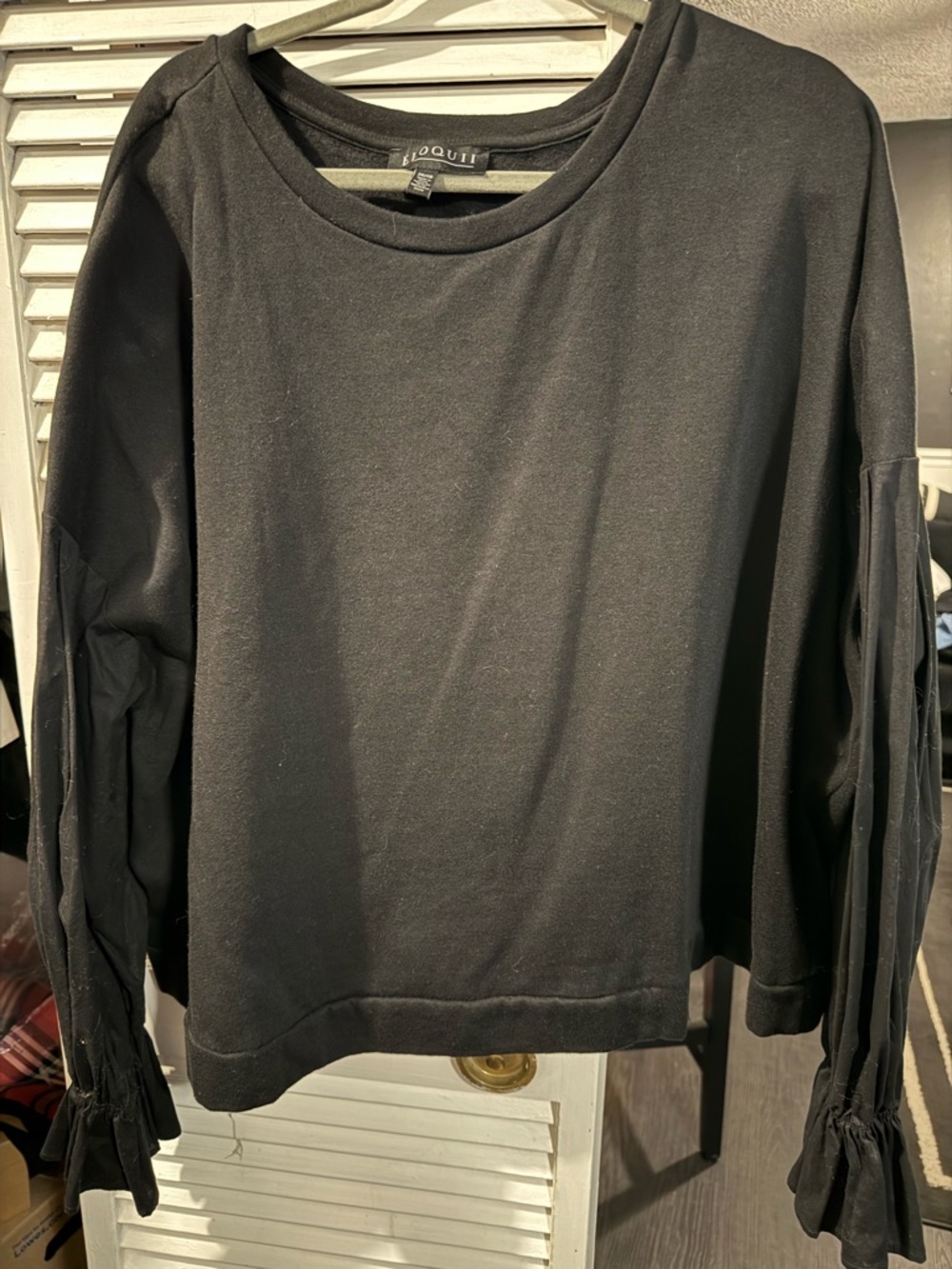 Eloquii Black Crewneck Sweater with Ruffle Tie Sleeves